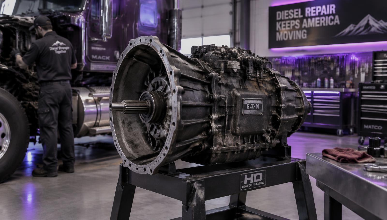 Remplacement de transmission de camion lourd en atelier à Boucherville